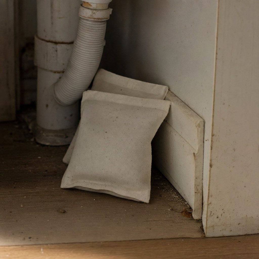 Two pouches in the back corner of a kitchen cupboard