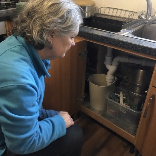A customer at her kitchen cupboard